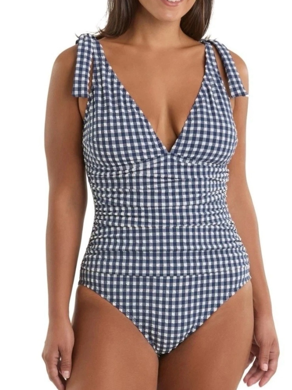 Ellen Tracy Ribbed Navy and White Gingham Tie-Shoulder One-Piece